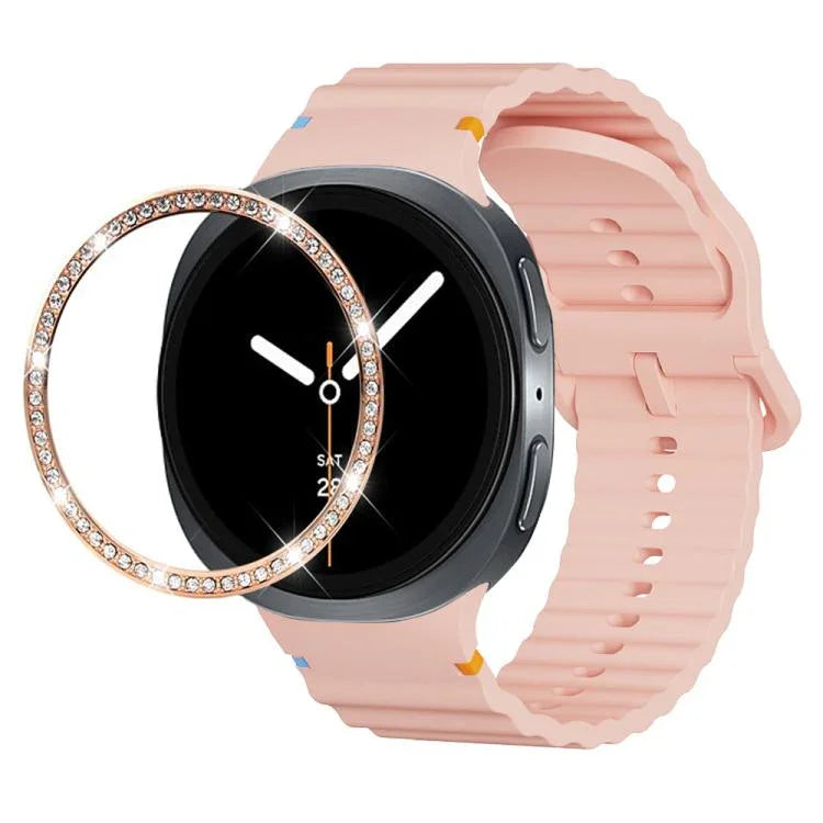 ダイヤモンドベゼルと波状グレインステッチカラーバックルシリコンウォッチバンド、Samsung Galaxy Watch8 44mm用、Samsung Galaxy Watch8 40mm用