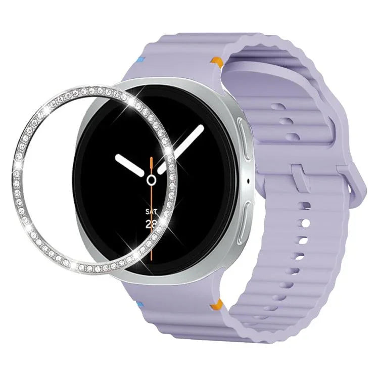 ダイヤモンドベゼルと波状グレインステッチカラーバックルシリコンウォッチバンド、Samsung Galaxy Watch8 44mm用、Samsung Galaxy Watch8 40mm用