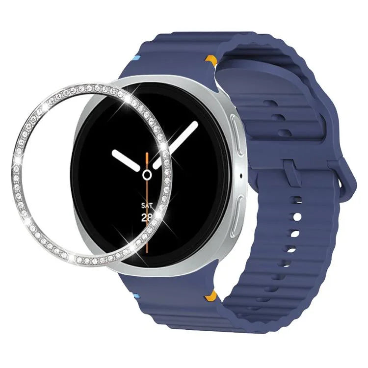 ダイヤモンドベゼルと波状グレインステッチカラーバックルシリコンウォッチバンド、Samsung Galaxy Watch8 44mm用、Samsung Galaxy Watch8 40mm用