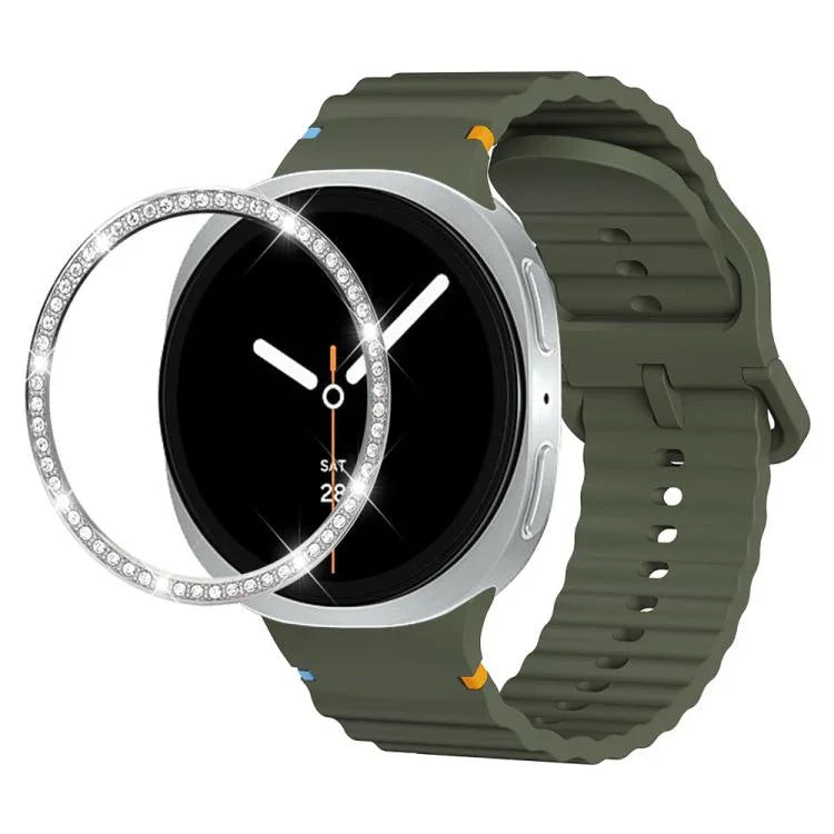 ダイヤモンドベゼルと波状グレインステッチカラーバックルシリコンウォッチバンド、Samsung Galaxy Watch8 44mm用、Samsung Galaxy Watch8 40mm用