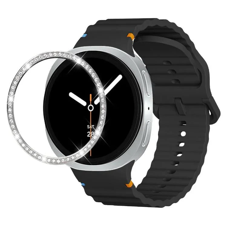 ダイヤモンドベゼルと波状グレインステッチカラーバックルシリコンウォッチバンド、Samsung Galaxy Watch8 44mm用、Samsung Galaxy Watch8 40mm用
