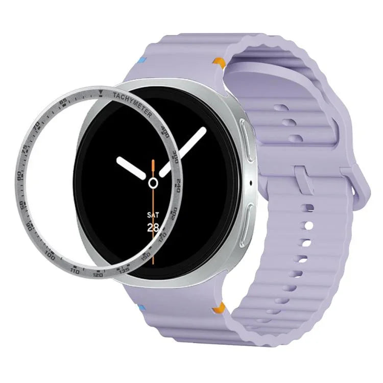 スピードベゼルと波状グレインステッチカラーバックルシリコンウォッチバンド、Samsung Galaxy Watch8 44mm用、Samsung Galaxy Watch8 40mm用