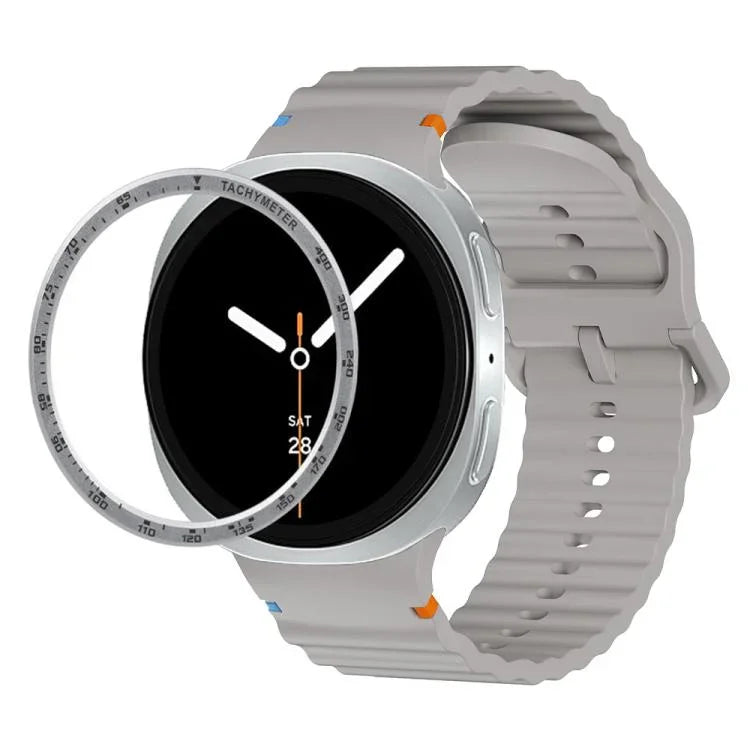 スピードベゼルと波状グレインステッチカラーバックルシリコンウォッチバンド、Samsung Galaxy Watch8 44mm用、Samsung Galaxy Watch8 40mm用