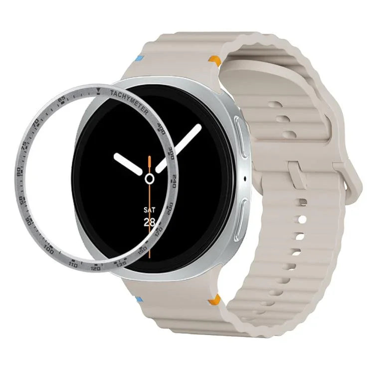 スピードベゼルと波状グレインステッチカラーバックルシリコンウォッチバンド、Samsung Galaxy Watch8 44mm用、Samsung Galaxy Watch8 40mm用