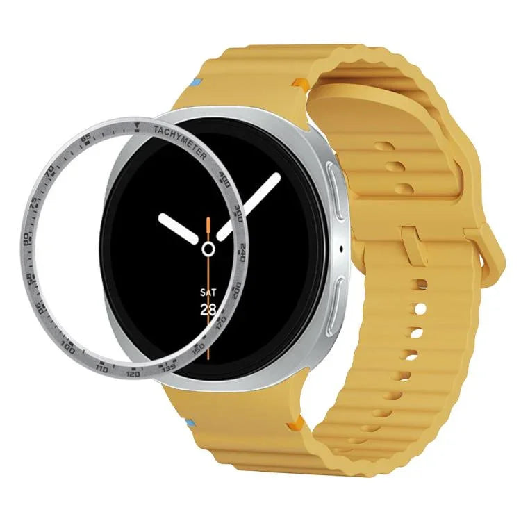 スピードベゼルと波状グレインステッチカラーバックルシリコンウォッチバンド、Samsung Galaxy Watch8 44mm用、Samsung Galaxy Watch8 40mm用