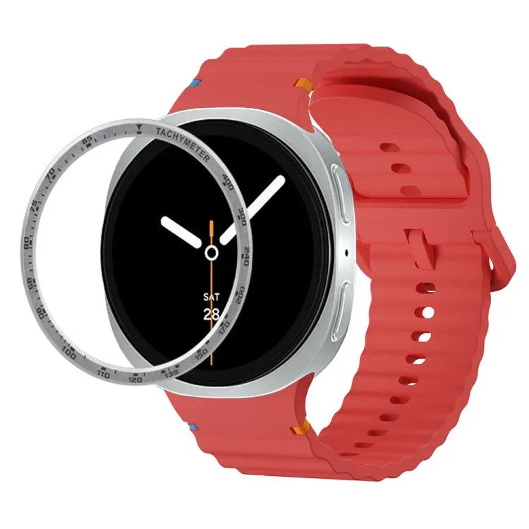 スピードベゼルと波状グレインステッチカラーバックルシリコンウォッチバンド、Samsung Galaxy Watch8 44mm用、Samsung Galaxy Watch8 40mm用
