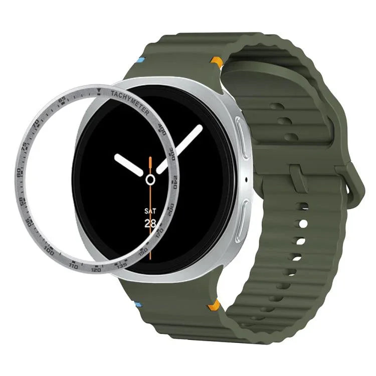 スピードベゼルと波状グレインステッチカラーバックルシリコンウォッチバンド、Samsung Galaxy Watch8 44mm用、Samsung Galaxy Watch8 40mm用