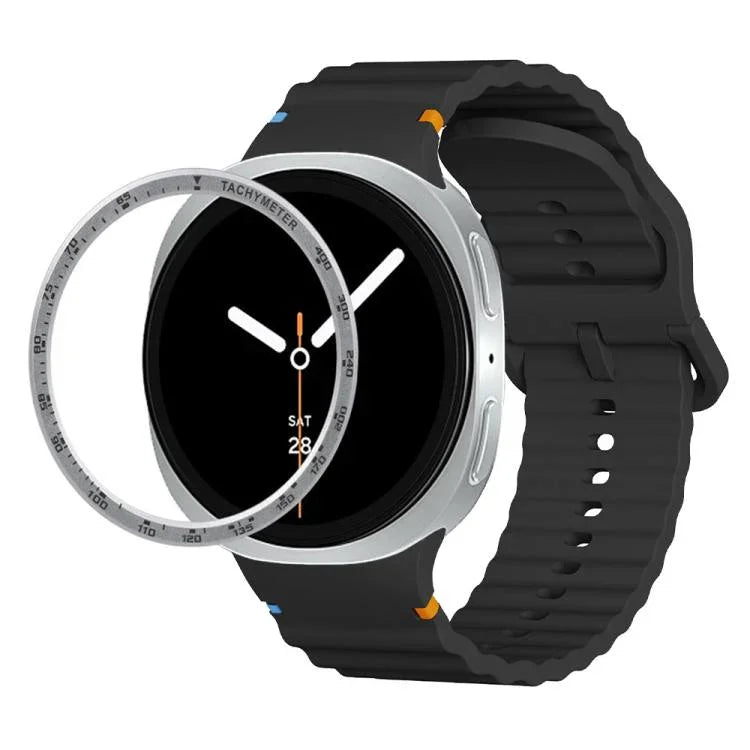 スピードベゼルと波状グレインステッチカラーバックルシリコンウォッチバンド、Samsung Galaxy Watch8 44mm用、Samsung Galaxy Watch8 40mm用