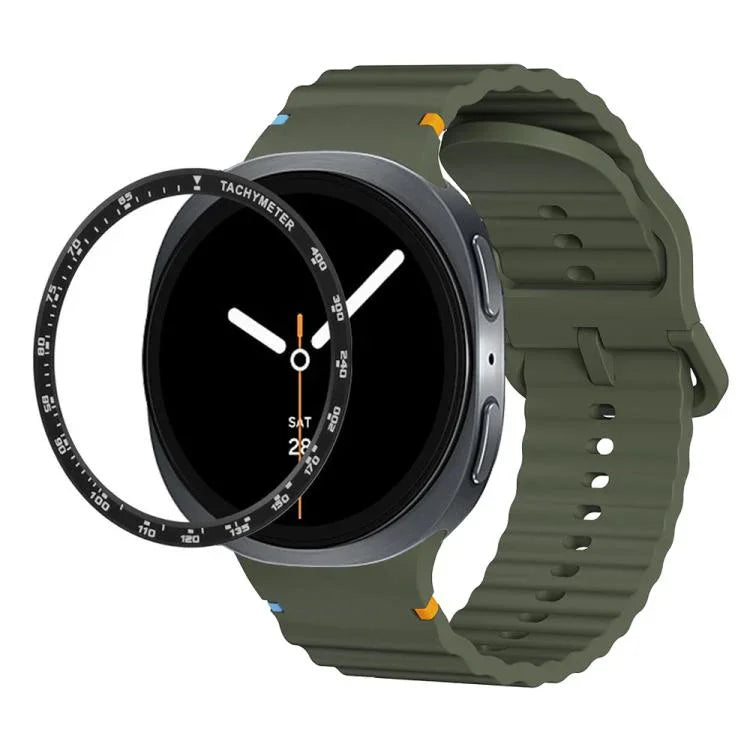 スピードベゼルと波状グレインステッチカラーバックルシリコンウォッチバンド、Samsung Galaxy Watch8 44mm用、Samsung Galaxy Watch8 40mm用