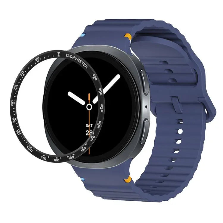 スピードベゼルと波状グレインステッチカラーバックルシリコンウォッチバンド、Samsung Galaxy Watch8 44mm用、Samsung Galaxy Watch8 40mm用
