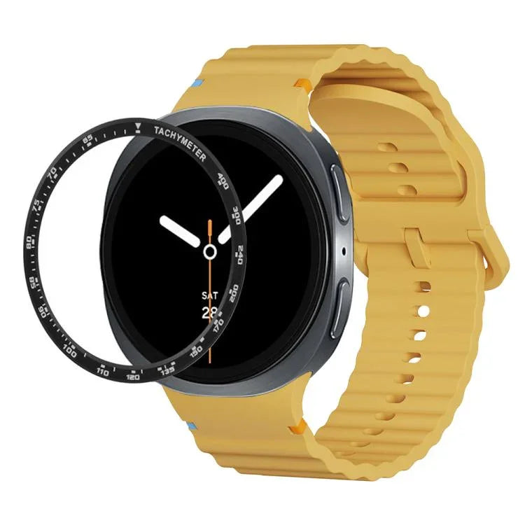 スピードベゼルと波状グレインステッチカラーバックルシリコンウォッチバンド、Samsung Galaxy Watch8 44mm用、Samsung Galaxy Watch8 40mm用