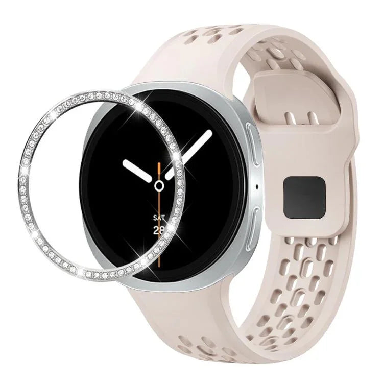 ダイヤモンドベゼルとブラックリバースバックルシリコンウォッチバンド、Samsung Galaxy Watch8 44mm用、Samsung Galaxy Watch8 40mm用