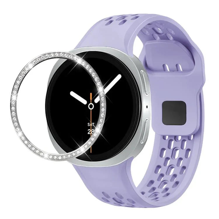 ダイヤモンドベゼルとブラックリバースバックルシリコンウォッチバンド、Samsung Galaxy Watch8 44mm用、Samsung Galaxy Watch8 40mm用