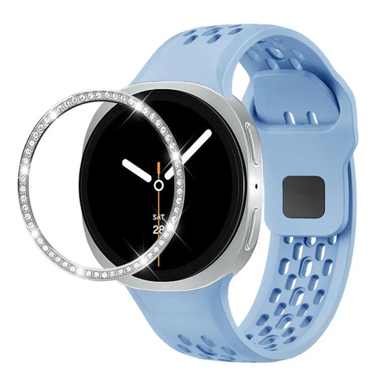 ダイヤモンドベゼルとブラックリバースバックルシリコンウォッチバンド、Samsung Galaxy Watch8 44mm用、Samsung Galaxy Watch8 40mm用