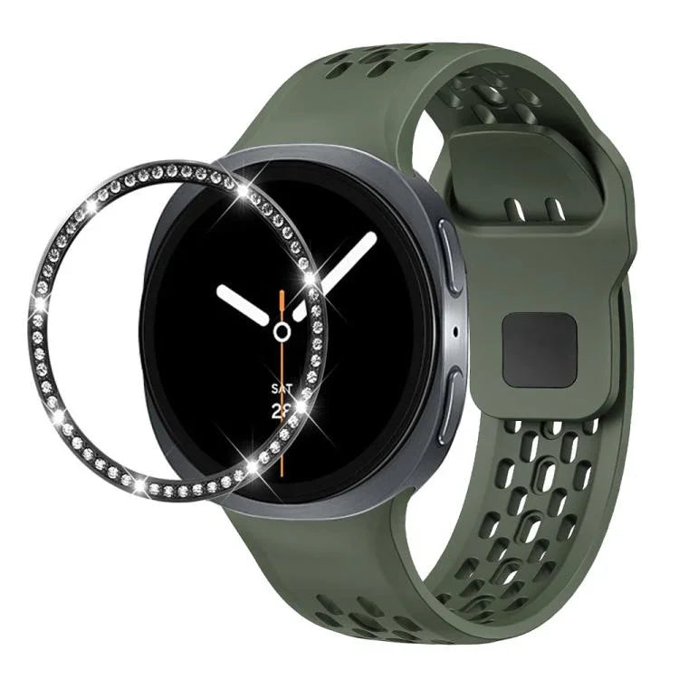 ダイヤモンドベゼルとブラックリバースバックルシリコンウォッチバンド、Samsung Galaxy Watch8 44mm用、Samsung Galaxy Watch8 40mm用