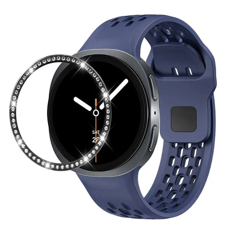 ダイヤモンドベゼルとブラックリバースバックルシリコンウォッチバンド、Samsung Galaxy Watch8 44mm用、Samsung Galaxy Watch8 40mm用