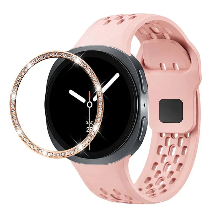 ダイヤモンドベゼルとブラックリバースバックルシリコンウォッチバンド、Samsung Galaxy Watch8 44mm用、Samsung Galaxy Watch8 40mm用