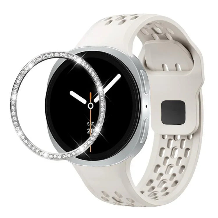 ダイヤモンドベゼルとブラックリバースバックルシリコンウォッチバンド、Samsung Galaxy Watch8 44mm用、Samsung Galaxy Watch8 40mm用
