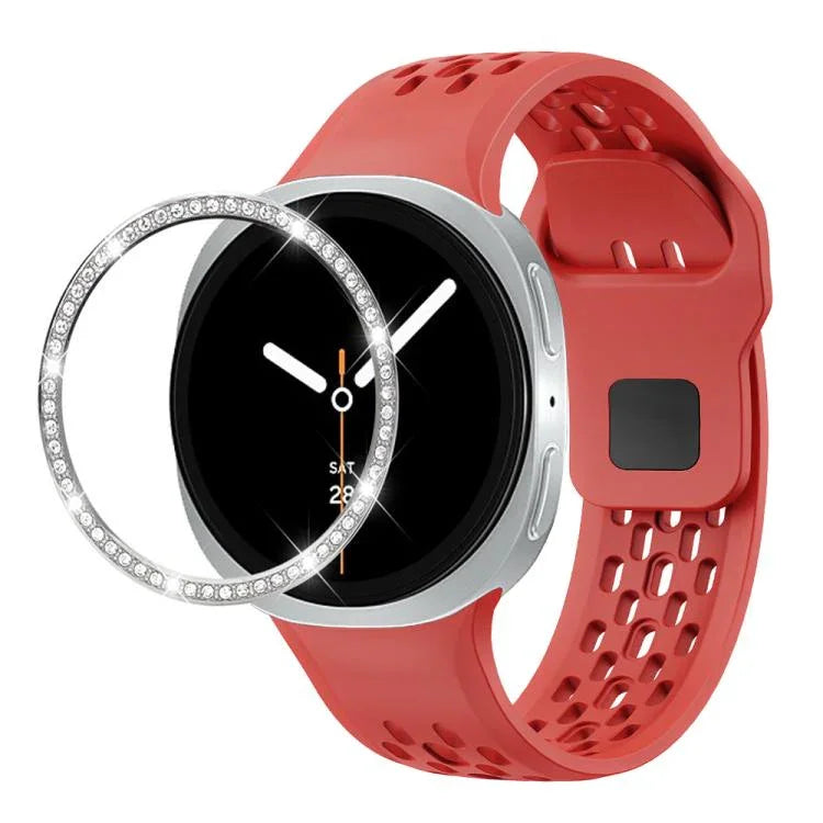 ダイヤモンドベゼルとブラックリバースバックルシリコンウォッチバンド、Samsung Galaxy Watch8 44mm用、Samsung Galaxy Watch8 40mm用