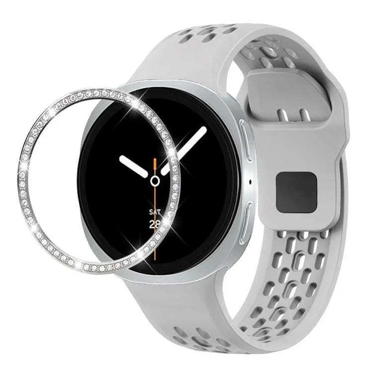 ダイヤモンドベゼルとブラックリバースバックルシリコンウォッチバンド、Samsung Galaxy Watch8 44mm用、Samsung Galaxy Watch8 40mm用
