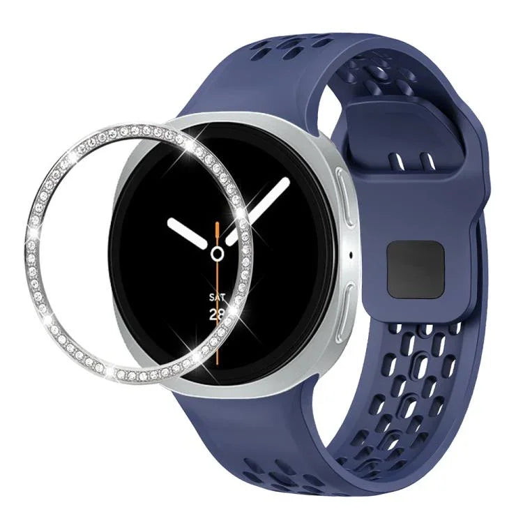 ダイヤモンドベゼルとブラックリバースバックルシリコンウォッチバンド、Samsung Galaxy Watch8 44mm用、Samsung Galaxy Watch8 40mm用