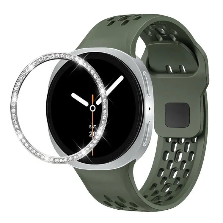 ダイヤモンドベゼルとブラックリバースバックルシリコンウォッチバンド、Samsung Galaxy Watch8 44mm用、Samsung Galaxy Watch8 40mm用