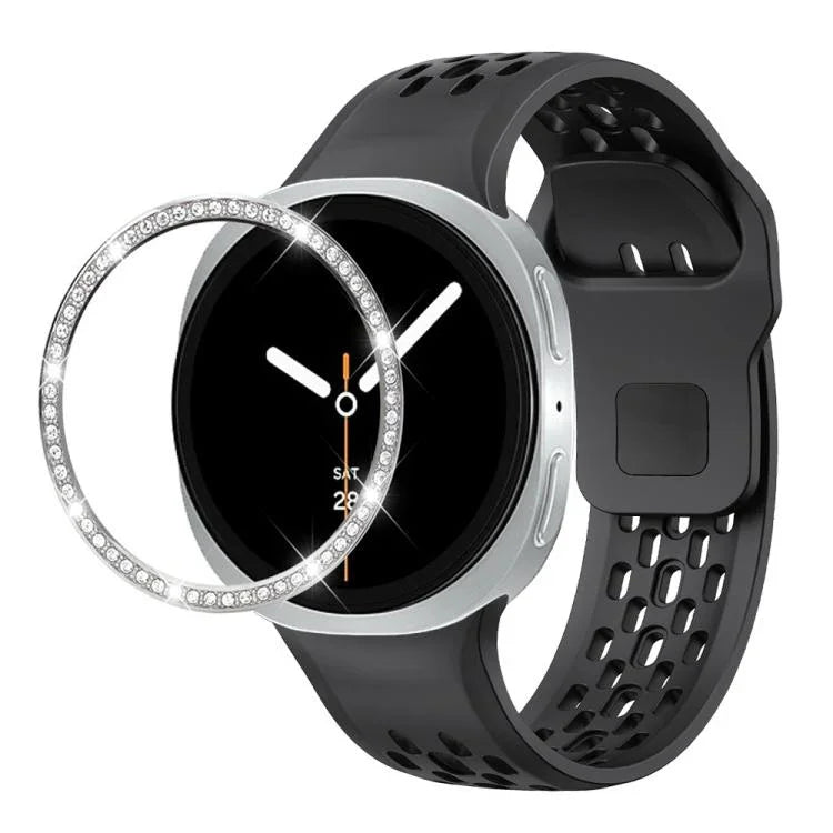 ダイヤモンドベゼルとブラックリバースバックルシリコンウォッチバンド、Samsung Galaxy Watch8 44mm用、Samsung Galaxy Watch8 40mm用
