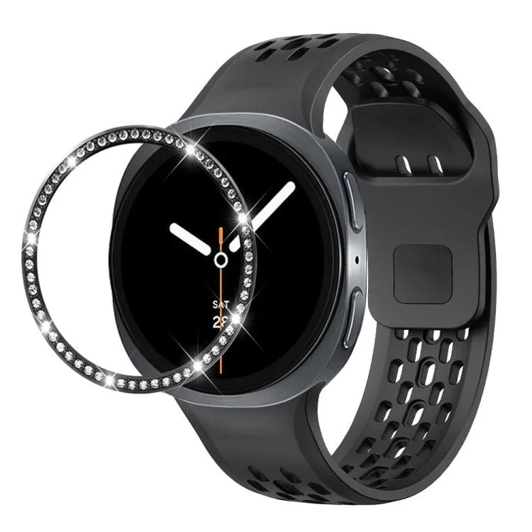 ダイヤモンドベゼルとブラックリバースバックルシリコンウォッチバンド、Samsung Galaxy Watch8 44mm用、Samsung Galaxy Watch8 40mm用