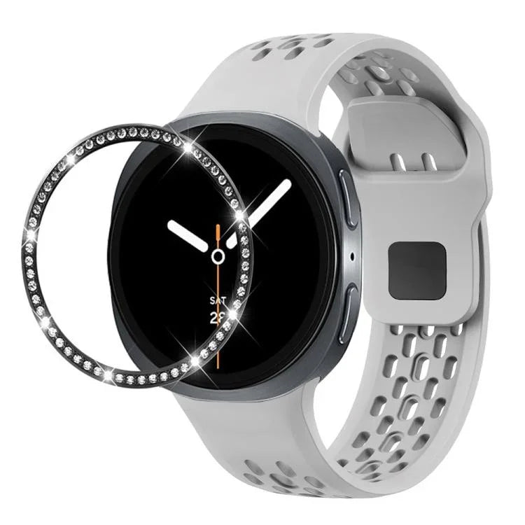 ダイヤモンドベゼルとブラックリバースバックルシリコンウォッチバンド、Samsung Galaxy Watch8 44mm用、Samsung Galaxy Watch8 40mm用