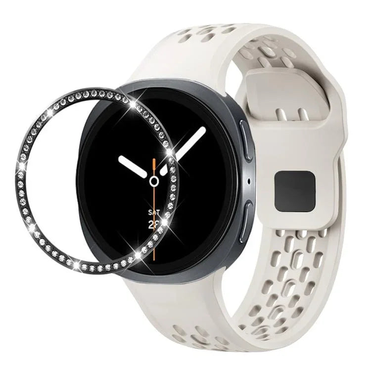 ダイヤモンドベゼルとブラックリバースバックルシリコンウォッチバンド、Samsung Galaxy Watch8 44mm用、Samsung Galaxy Watch8 40mm用