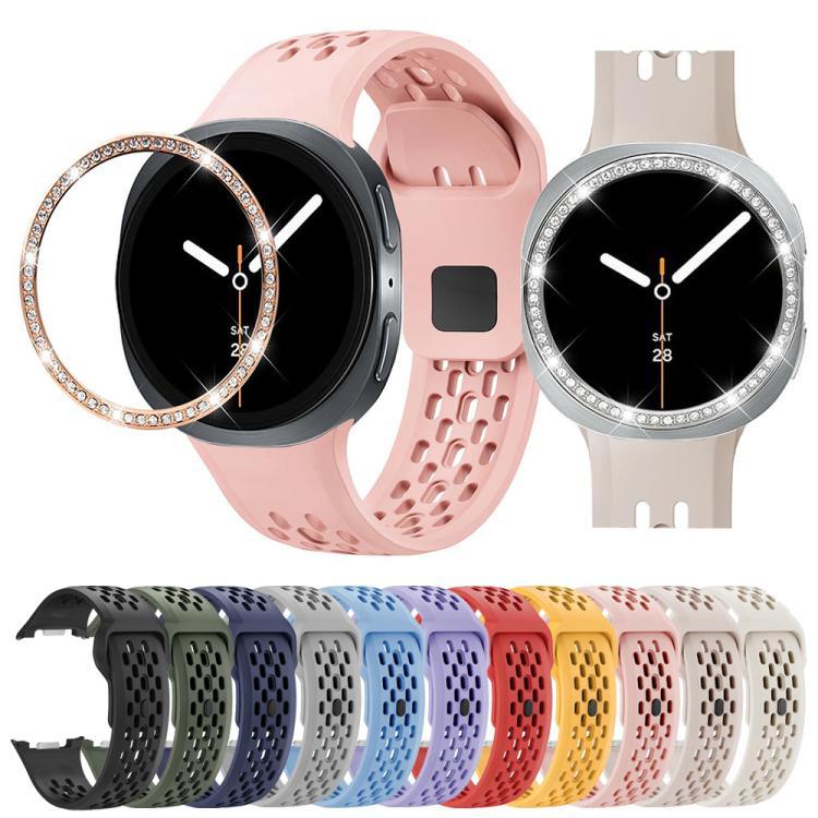 ダイヤモンドベゼルとブラックリバースバックルシリコンウォッチバンド、Samsung Galaxy Watch8 44mm用、Samsung Galaxy Watch8 40mm用