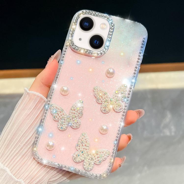 ダイヤモンドグリッターパールバタフライ四隅衝撃吸収フォンケース、iPhone 13用