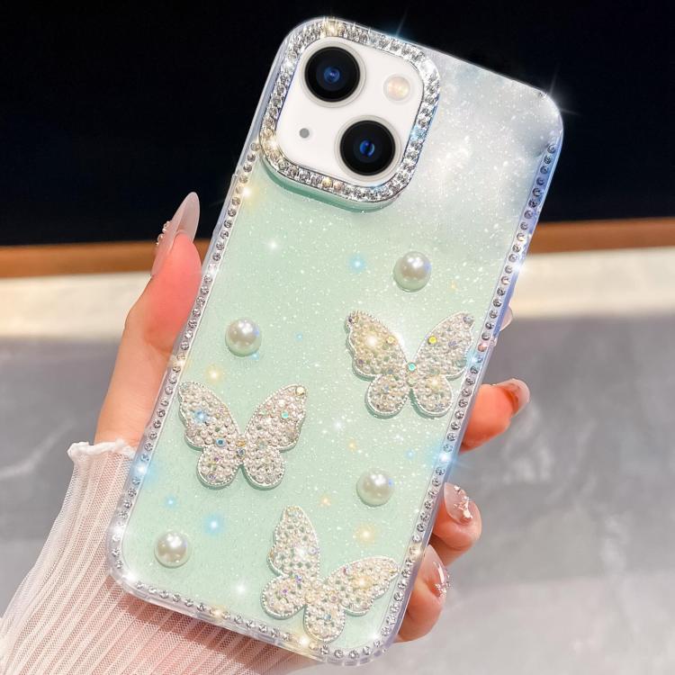 ダイヤモンドグリッターパールバタフライ四隅衝撃吸収フォンケース、iPhone 13用