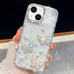 ダイヤモンドグリッターパールバタフライ四隅衝撃吸収フォンケース、iPhone 13用