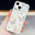 ダイヤモンドグリッターパールバタフライ四隅衝撃吸収フォンケース、iPhone 13用