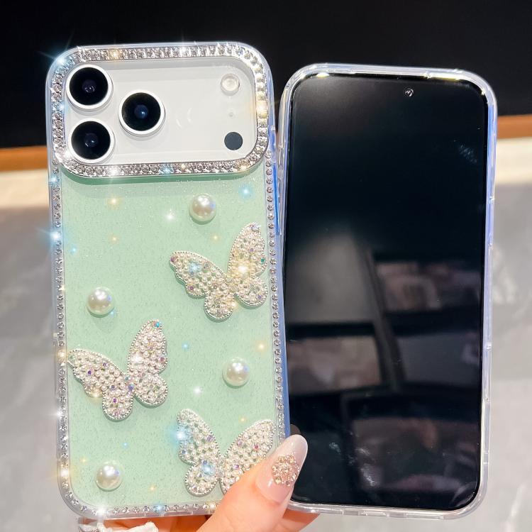 ダイヤモンドグリッターパールバタフライ四隅衝撃吸収フォンケース、iPhone 13用