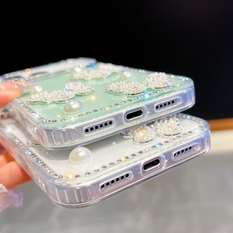 ダイヤモンドグリッターパールバタフライ四隅衝撃吸収フォンケース、iPhone 13用