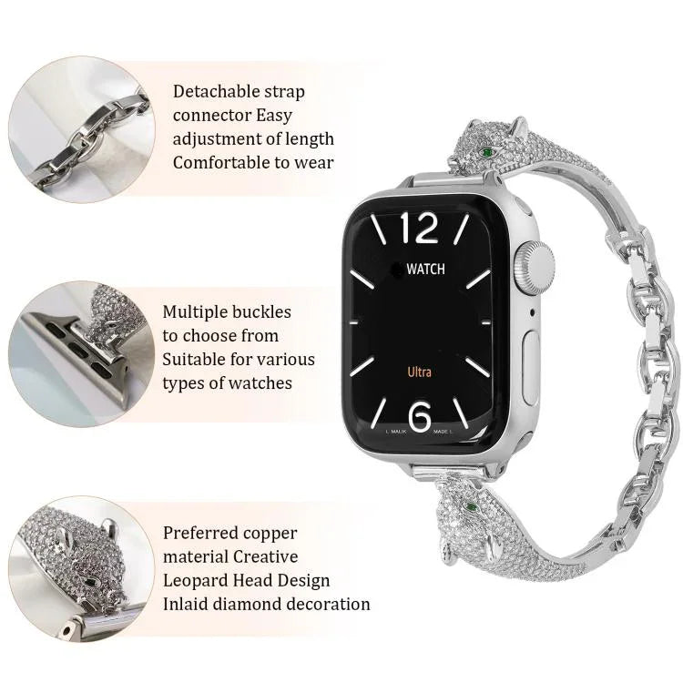 銅象嵌ジルコン ヒョウ頭ウォッチバンド、Apple Watch 46mm / 49mm / 45mm / 44mm用、Apple Watch 42mm / 41mm / 40mm / 38mm用
