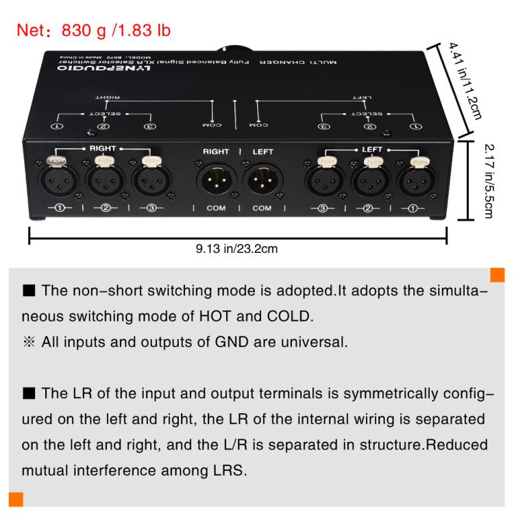 B072 3入力1出力フルバランス信号セレクター 3チャンネルバランスラインセレクター、外部電源不要ロスレス切替、B072