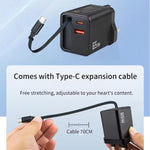 FC1 3-in-1 70cm 伸縮式Type-Cケーブル、PD3.0、QC3.0 USBスマホ充電器、EUプラグ