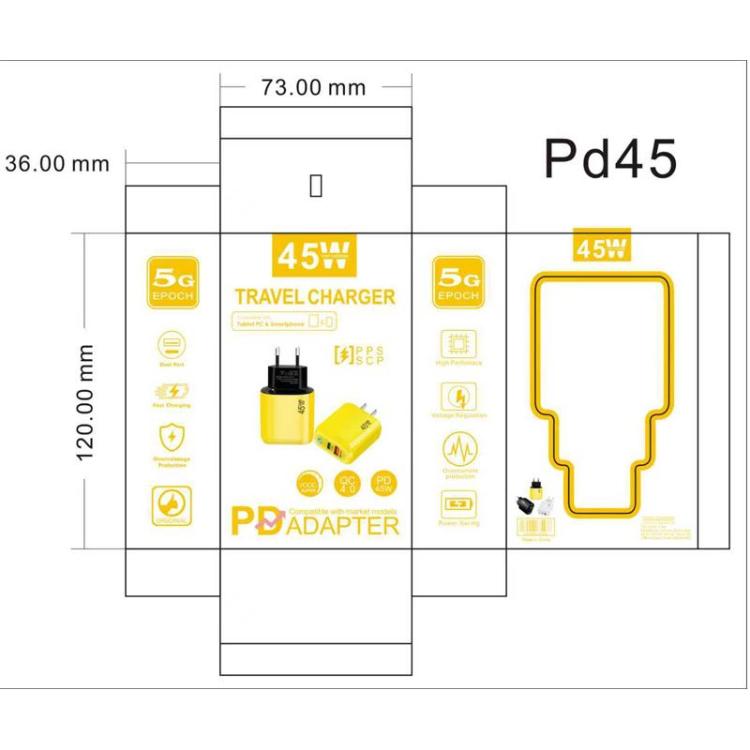 GaN 45W PD3.0 + QC3.0 Fully Compatible Protocol Charger for Laptops / Tablets，EU Plug, EU Plug