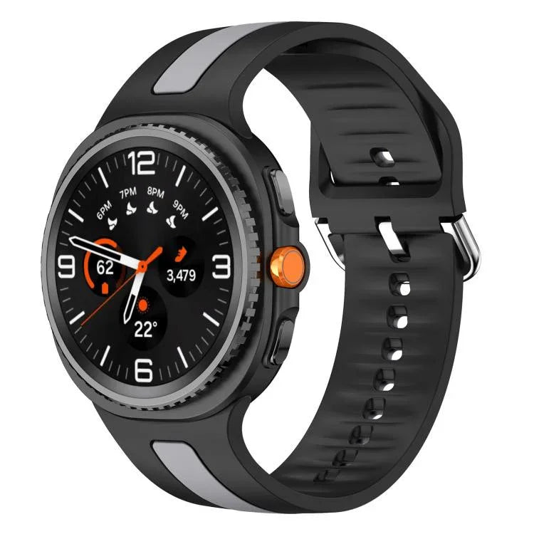 シルバーバックル縦ストライプ二色シリコンウォッチバンド、Samsung Galaxy Watch8 / Watch8 Classic用