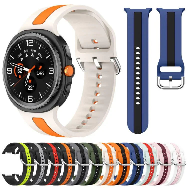 シルバーバックル縦ストライプ二色シリコンウォッチバンド、Samsung Galaxy Watch8 / Watch8 Classic用