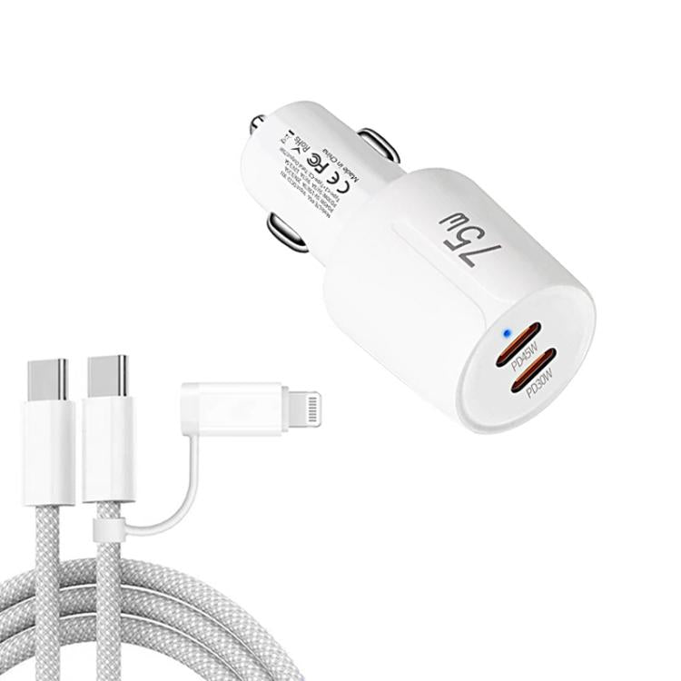 TE-P66 75W Type-C x 2 デュアルポート急速充電車載充電器 Type-C to Type-C / 8ピンデータケーブル付き、TE-P66ケーブル付き