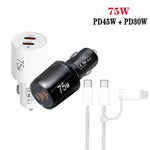 TE-P66 75W Type-C x 2 デュアルポート急速充電車載充電器 Type-C to Type-C / 8ピンデータケーブル付き、TE-P66ケーブル付き