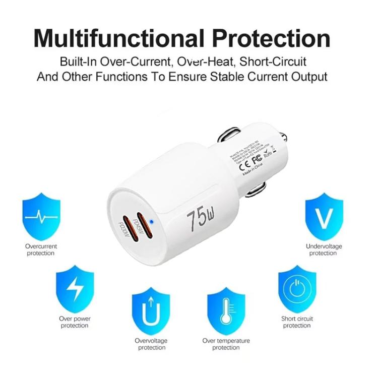 TE-P66 75W Type-C x 2 デュアルポート急速充電車載充電器 Type-C to Type-C / 8ピンデータケーブル付き、TE-P66ケーブル付き