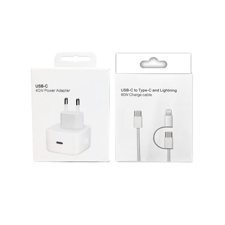 A3365 PD40W USB-C / Type-C充電器 Type-C to Type-C / 8ピンデータケーブル付き、EUプラグ、EUプラグ + 1m 2-in-1ケーブル