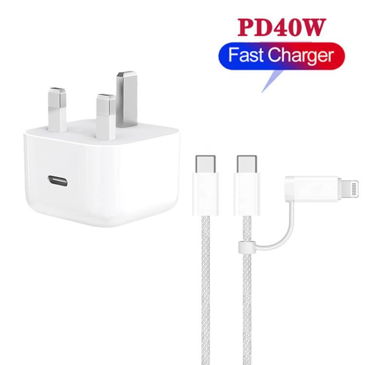 A3365 PD40W USB-C / Type-C充電器 Type-C to Type-C / 8ピンデータケーブル付き、UKプラグ、UKプラグ + 1m 2-in-1ケーブル