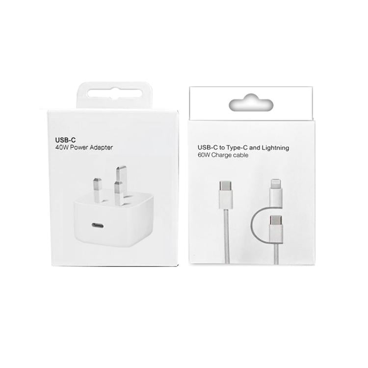 A3365 PD40W USB-C / Type-C充電器 Type-C to Type-C / 8ピンデータケーブル付き、UKプラグ、UKプラグ + 1m 2-in-1ケーブル