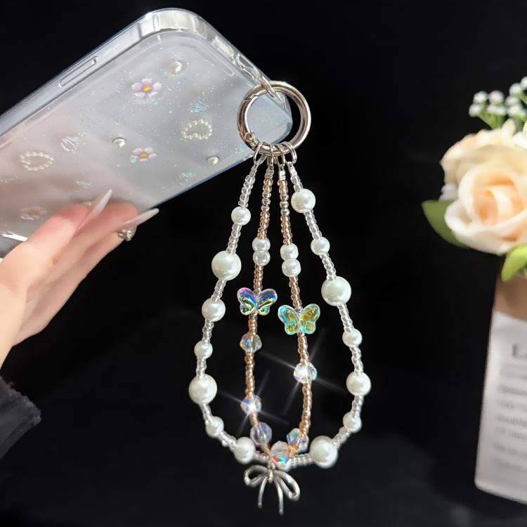 バタフライドリーム パールウィスパー オーロラ 二重層スマホチェーン、クリスタルスタイル、パールスタイル